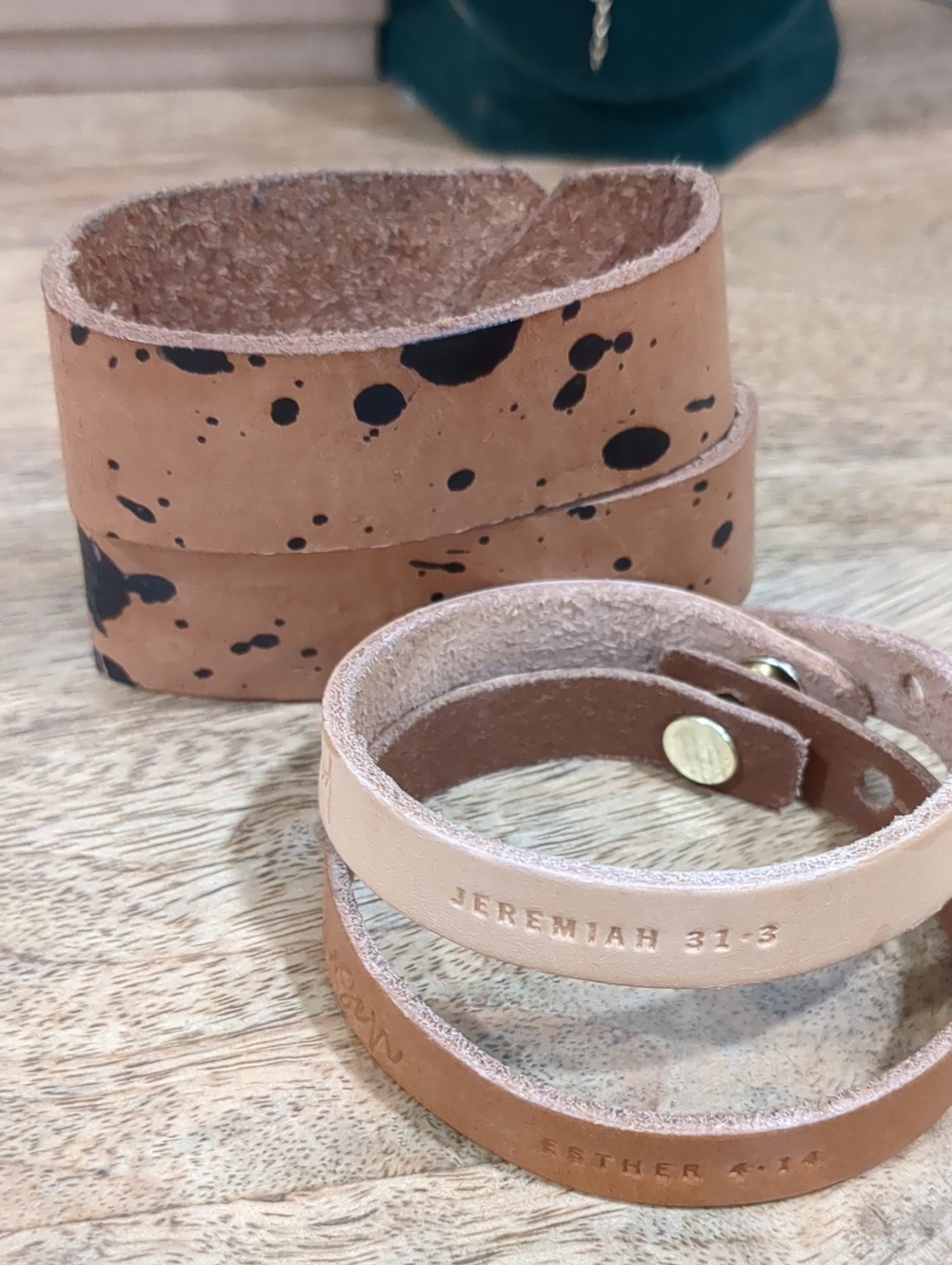 Handcrafted Leather Wrap Bracelets in Natural Tan with Black Splatter